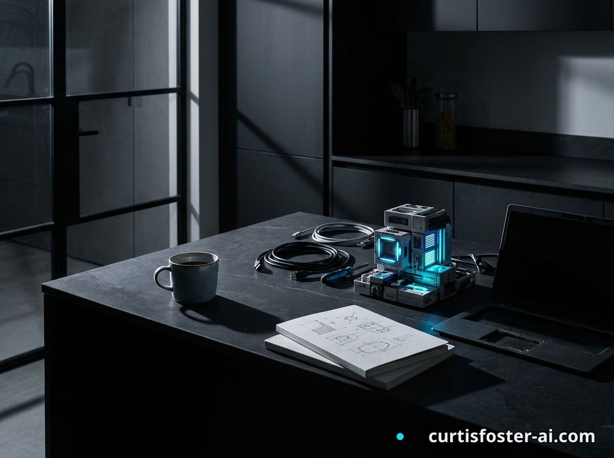 A failed AI workflow beside a notebook and coffee in a home kitchen