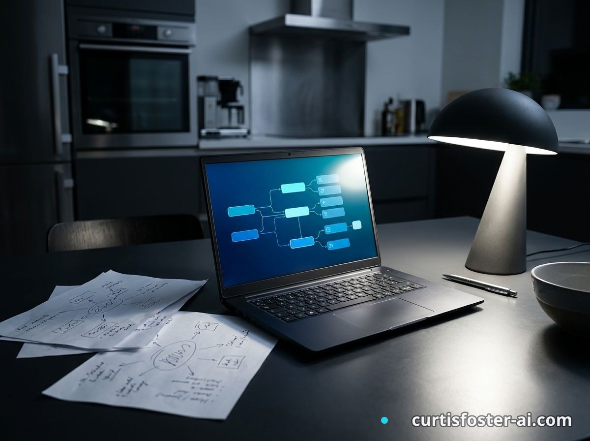 A production AI workflow on a laptop beside handwritten task notes at a kitchen table
