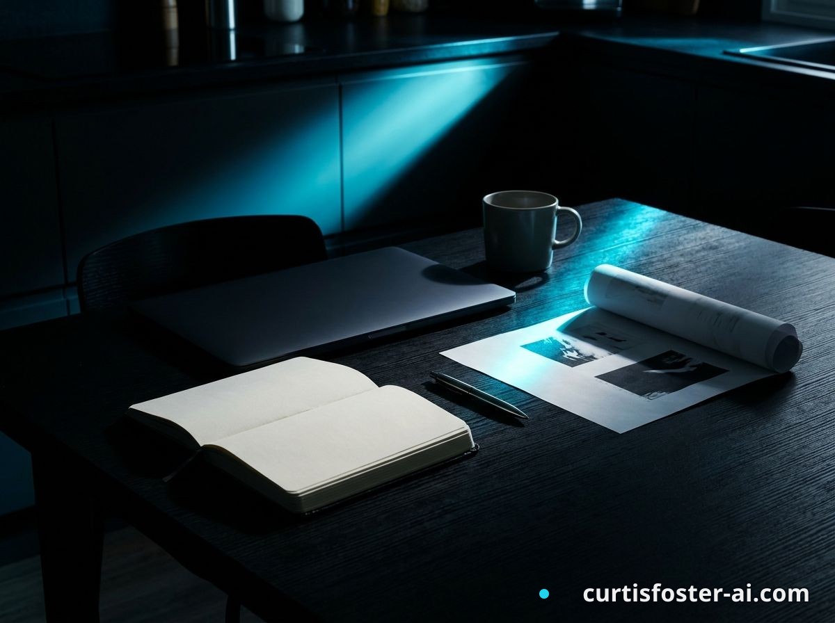 A laptop beside a notebook and API logs on a dark kitchen table late at night