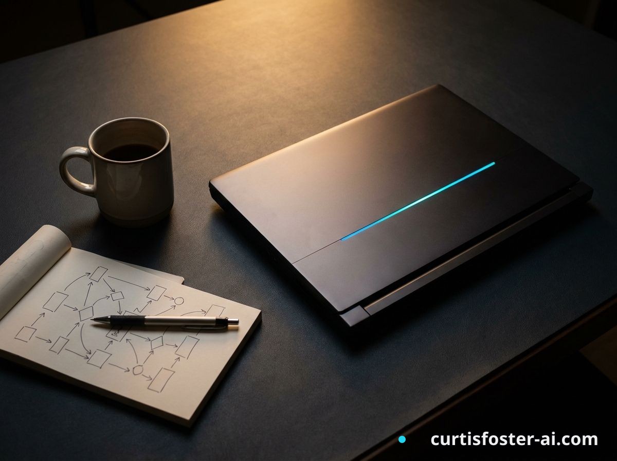 A laptop beside a coffee mug showing a multi-provider request flow drawn on paper