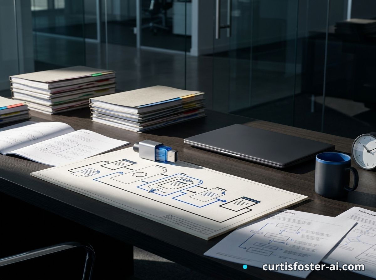 A support desk with printed policy pages, dated folders, and a laptop showing a document pipeline